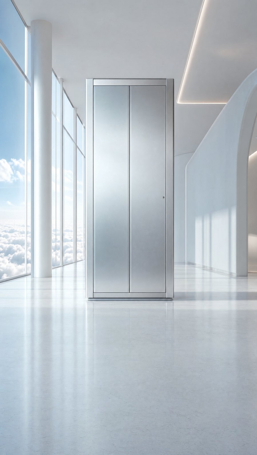 A precise equipment cabinet in a vast white architectural hall
